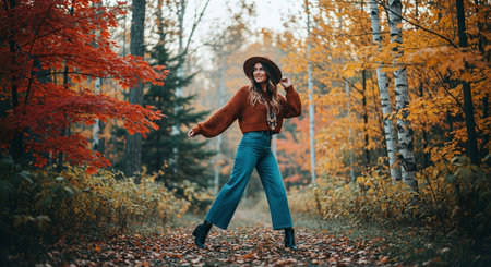 Beautiful young woman walking in autumn forest. Stylish hipster girl in sweater and hat.の素材