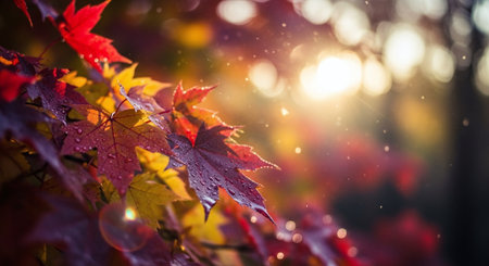 Autumn background with maple leaves and bokeh. Beautiful nature scene.の素材
