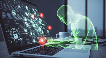 Computer on desktop with social network hologram. Double exposure. Concept of international people connections.の素材