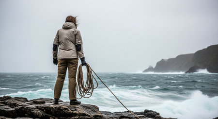 Rear view of a woman with a rope in her hands standing on a cliff overlooking the oceanの素材