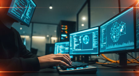 Cyber security concept. Close up of hacker hands using computer to steal information.の素材