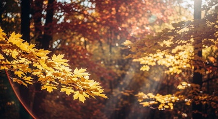 Autumn leaves in the forest with sun rays and lens flare.の素材