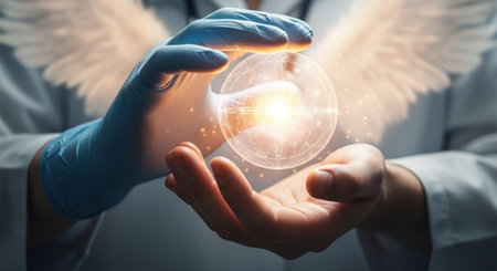 Female doctor on blurred background holding Earth planet in her hands 3D renderingの素材