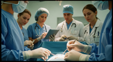 Surgeons in operating room at hospital. Group of surgeons in operating room with surgery equipment. Medical backgroundの素材