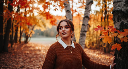 Portrait of a beautiful girl in the autumn forest. A girl in a sweater walks in the park.の素材