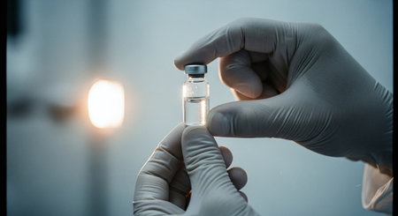 Close-up of scientist hands holding a vial with vaccine.の素材