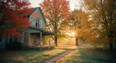 Old wooden house in the autumn forest at sunrise. Beautiful landscape.の素材
