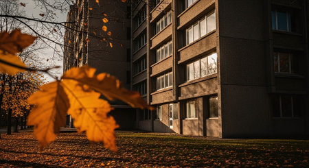 Autumn leaves in front of a modern apartment building. Abstract autumn background.の素材