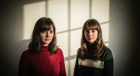Portrait of two young women in a room with window blindsの素材