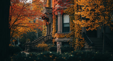 Beautiful young woman standing on the stairs in the park in autumnの素材