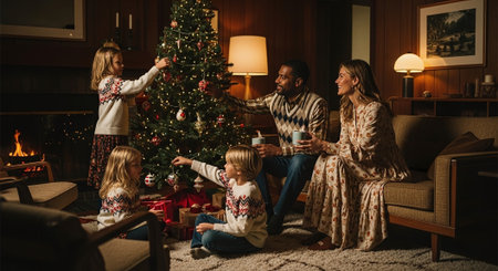 Happy family sitting on the floor in front of a christmas treeの素材