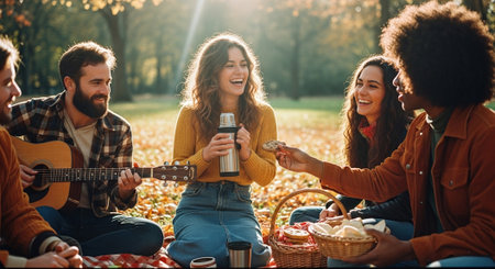 Group of friends having picnic in autumn park. Group of young people having fun outdoors.の素材