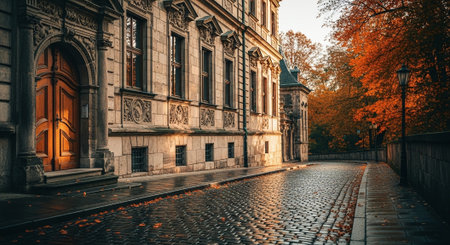 Autumn in Prague, Czech Republic. Old town street with cobblestone pavement.の素材
