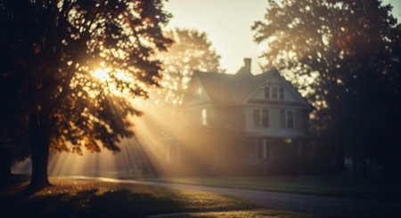 Old house in the forest at sunset. The sun's rays make their way through the trees.の素材