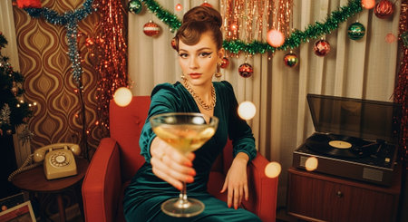 Young woman with a glass of wine in the room decorated for Christmasの素材