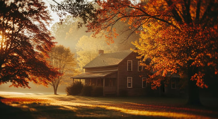 Autumn landscape with colorful trees and house in foggy morning.の素材