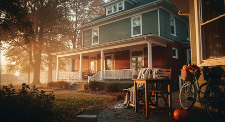 Houses in the fog at sunrise in autumn. 3d renderingの素材