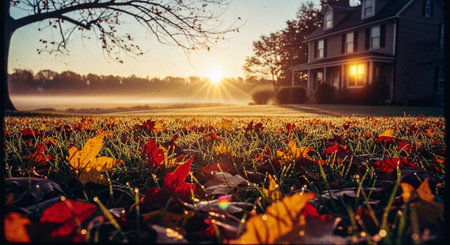 Sunrise in the countryside. Colorful autumn leaves on the field.の素材