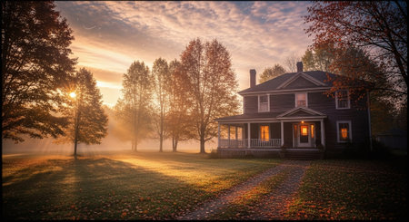 Sunset in a country house in the early morning, with fogの素材