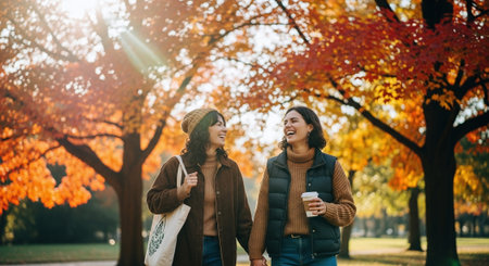 Two young women walking in the autumn park, drinking coffee and talkingの素材