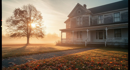 Old house in a foggy autumn morning with trees and grass.の素材