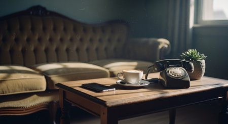 Coffee cup and telephone on table in coffee shop, vintage toneの素材