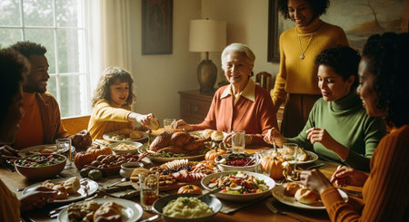 Diverse family having a Thanksgiving dinner together at home. Selective focus.の素材