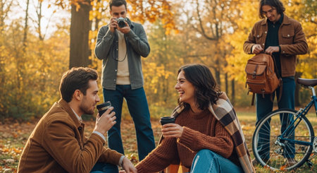 Group of friends drinking coffee and talking in the park during autumn season.の素材