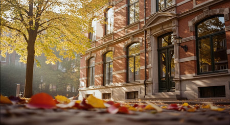 Autumn leaves in front of old school building in New York Cityの素材