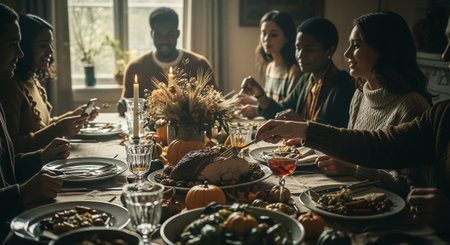 Group of friends celebrating Thanksgiving dinner at home. Selective focus.の素材