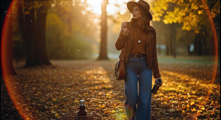 Beautiful young woman in hat and coat walking in the autumn park.の素材