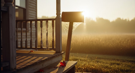 Morning on the porch of the house in the village. The sun shines through the branches.の素材