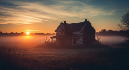 Abandoned house in the fog at sunrise. Rural landscape.の素材