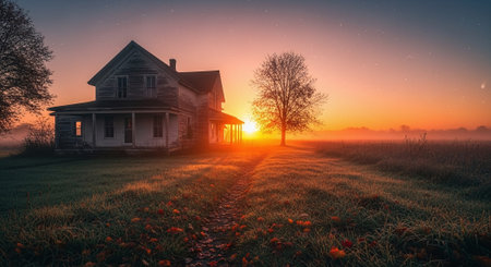 Abandoned old house in a misty field at sunrise.の素材