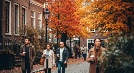 People walking in the streets of Amsterdam during autumnの素材