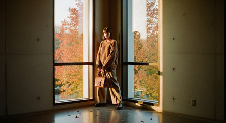 Young woman in a beige coat with a suitcase in her hands stands near the window.の素材