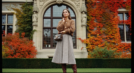 Full length portrait of a beautiful young brunette woman in brown coat posing in autumn parkの素材