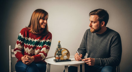 A man and a woman are sitting at the table with a Christmas decoration.の素材
