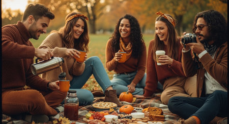 Happy friends having picnic in autumn park. They are drinking tea and talking.の素材
