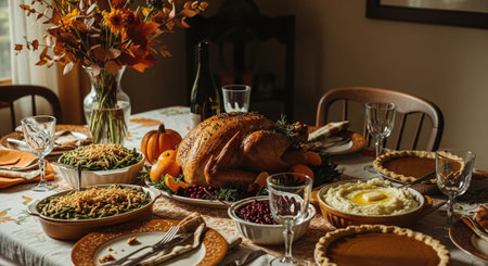 Festive table setting for Thanksgiving dinner in rustic style with turkey, pumpkin and other dishesの素材