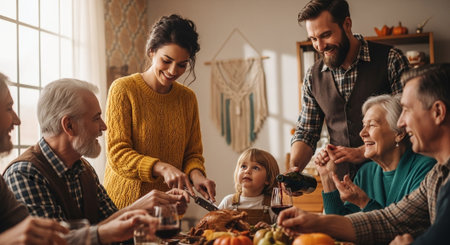 Happy family is having dinner together at home. They are sitting at the table and smiling.の素材
