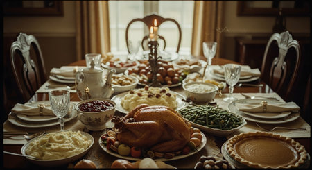 Traditional Christmas and Thanksgiving dinner table with turkey, mashed potatoes, cranberry sauce and roasted turkeyの素材