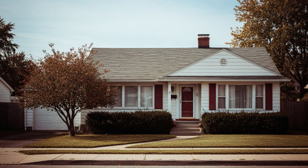 Low angle view of a home in the middle of a suburban neighborhoodの素材