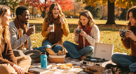 multiethnic friends drinking coffee and talking while having picnic in autumn parkの素材