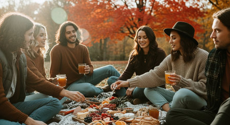 Group of friends having picnic in autumn park, talking and having funの素材