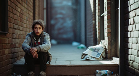Homeless man sitting on the street. The concept of poverty and poornessの素材