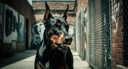 Portrait of a black doberman dog on a brick wall backgroundの素材