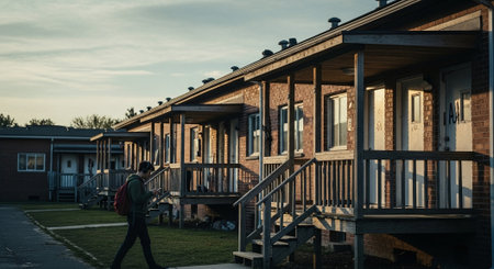 Houses in a row with people walking on the street in the eveningの素材