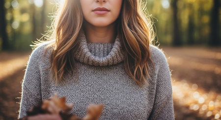 Close-up of a young woman in a gray sweater holding autumn leaves.の素材
