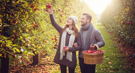 Happy couple picking apples in an orchard on a sunny autumn dayの素材